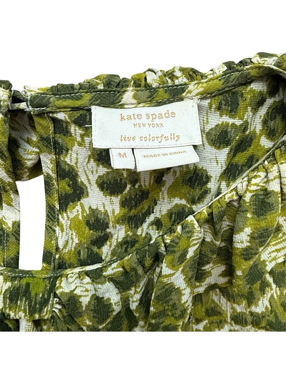 Kate Spade Silk Wool Leopard Print Ruffle Blouse Green Bow Top M Office Chic